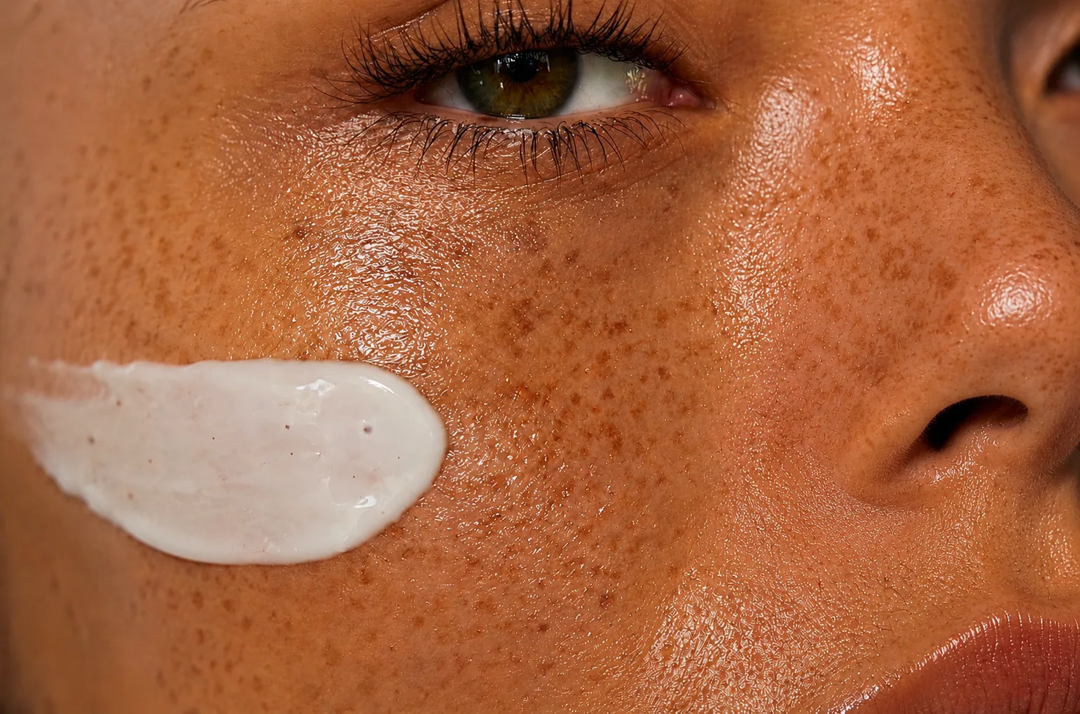 Close-up of healthy, glowing skin with moisturizer
